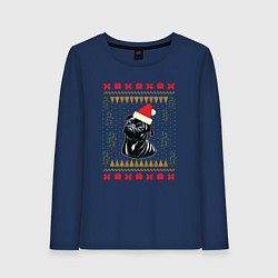 Лонгслив хлопковый женский Рождественский свитер Черный мопс, цвет: тёмно-синий