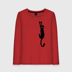 Лонгслив хлопковый женский Черная кошка висит, цвет: красный