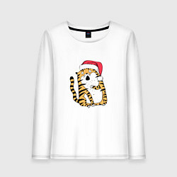 Лонгслив хлопковый женский Удивленный новогодний тигр, цвет: белый
