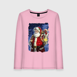 Лонгслив хлопковый женский Santa Claus shines a lantern, цвет: светло-розовый