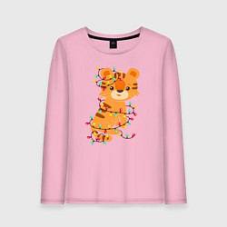 Лонгслив хлопковый женский Новогодний тигренок 2022, цвет: светло-розовый