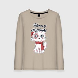 Лонгслив хлопковый женский Christmas Cat, цвет: миндальный