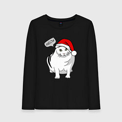 Лонгслив хлопковый женский НОВОГОДНИЙ КОТ БЕНДЕР МЕМ, цвет: черный