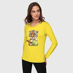 Лонгслив хлопковый женский Новогодний милашка тигрёнок, цвет: желтый — фото 2