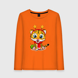 Лонгслив хлопковый женский Маленький тигренок со звездочками на голове, цвет: оранжевый