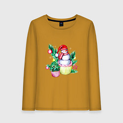Лонгслив хлопковый женский Новогодние сладости Снеговик, цвет: горчичный