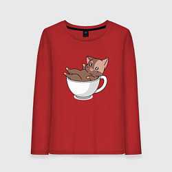 Лонгслив хлопковый женский Милый Котик в чашке, цвет: красный