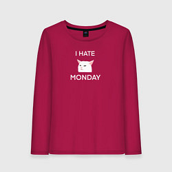 Лонгслив хлопковый женский I hate monday текст с котом, цвет: маджента