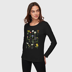 Лонгслив хлопковый женский Акварельная иллюстрация полевых цветов, цвет: черный — фото 2
