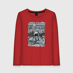 Лонгслив хлопковый женский Байкер кошка на велосипеде, цвет: красный