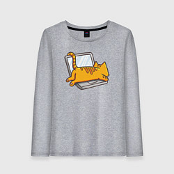 Лонгслив хлопковый женский Котик лежит на ноутбуке, цвет: меланж
