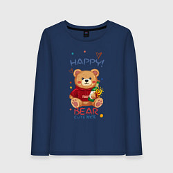 Лонгслив хлопковый женский СЧАСТЛИВЫЙ МИШКА HAPPY BEAR CUTE 100%, цвет: тёмно-синий