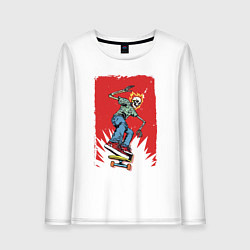 Женский лонгслив Fire skull Skateboarding man on a red background E