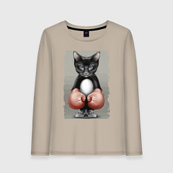 Лонгслив хлопковый женский Крутой котяра в боксёрских перчатках Cool cat in b, цвет: миндальный