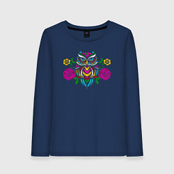 Лонгслив хлопковый женский Красочная цветочная сова, цвет: тёмно-синий
