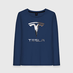 Лонгслив хлопковый женский Tesla Logo Тесла Логотип, цвет: тёмно-синий