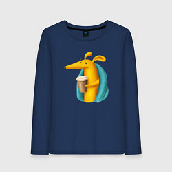 Лонгслив хлопковый женский Песик под пледом с кофе, цвет: тёмно-синий