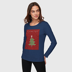 Лонгслив хлопковый женский Новогодняя елка минимализм, цвет: тёмно-синий — фото 2
