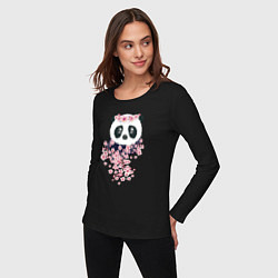 Лонгслив хлопковый женский Панда в сакуре, цвет: черный — фото 2