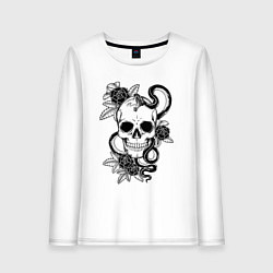 Лонгслив хлопковый женский Калавера - мексиканский символ Дня мертвых, цвет: белый