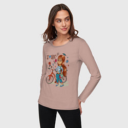 Лонгслив хлопковый женский Девушка с велосипедом, цвет: пыльно-розовый — фото 2