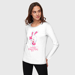 Лонгслив хлопковый женский Cute bunny, merry Christmas, цвет: белый — фото 2