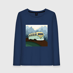 Лонгслив хлопковый женский Машина и горы в путешествии, цвет: тёмно-синий