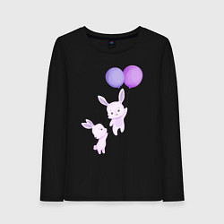 Лонгслив хлопковый женский Милые крольчата с воздушными шарами, цвет: черный
