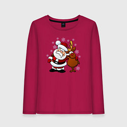 Лонгслив хлопковый женский Санта и олень, цвет: маджента