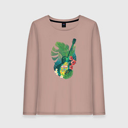Лонгслив хлопковый женский Ретро акустическая гитара с барабаном и тропически, цвет: пыльно-розовый