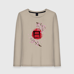 Лонгслив хлопковый женский Цветущая сакура и красный круг с японским иероглиф, цвет: миндальный
