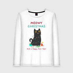 Лонгслив хлопковый женский Meowy Christmas and a happy purr year, цвет: белый