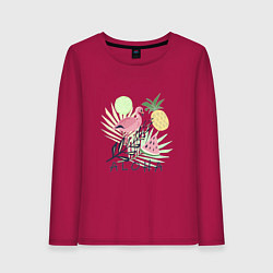 Лонгслив хлопковый женский Розовый фламинго в листьях с фруктами, цвет: маджента