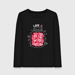Лонгслив хлопковый женский Баночка с сердцами: love is, цвет: черный
