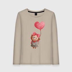 Лонгслив хлопковый женский Мишка с воздушным шариком в виде сердца, цвет: миндальный