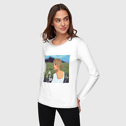 Лонгслив хлопковый женский Портрет девушки на фоне природы, цвет: белый — фото 2