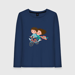 Лонгслив хлопковый женский Влюбленные на велосипеде, цвет: тёмно-синий