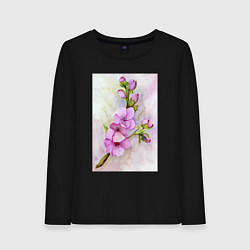 Лонгслив хлопковый женский Цвет сакуры акварелью, цвет: черный