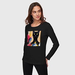 Лонгслив хлопковый женский Черный кот из нейросети, цвет: черный — фото 2