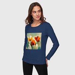 Лонгслив хлопковый женский Тюльпаны в стиле импрессионизм, цвет: тёмно-синий — фото 2