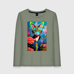 Лонгслив хлопковый женский Кошачья мода - нейросеть - живопись, цвет: авокадо