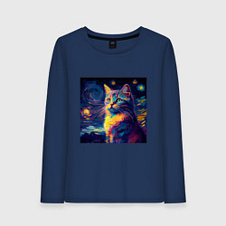 Лонгслив хлопковый женский Котик Винсент ван Гог, цвет: тёмно-синий
