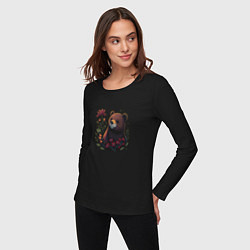 Лонгслив хлопковый женский Медведь и цветы, цвет: черный — фото 2