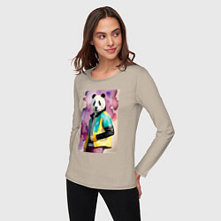 Лонгслив хлопковый женский Панда в модной куртке - акварель, цвет: миндальный — фото 2
