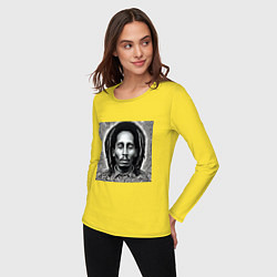 Лонгслив хлопковый женский Черно-белый Арт Боб Марли, цвет: желтый — фото 2