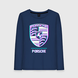 Лонгслив хлопковый женский Значок Porsche в стиле glitch, цвет: тёмно-синий