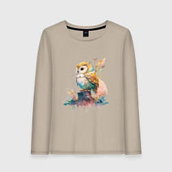 Лонгслив хлопковый женский Акварельная милая сова, цвет: миндальный