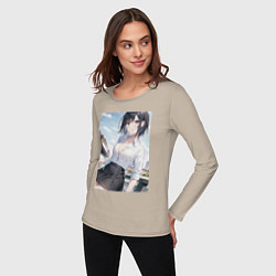 Лонгслив хлопковый женский Anime girl in town, цвет: миндальный — фото 2