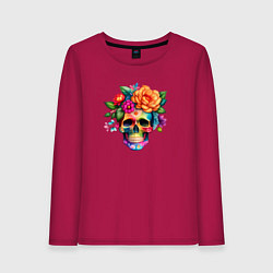 Лонгслив хлопковый женский Череп с цветами в мексиканском стиле, цвет: маджента