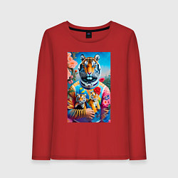 Лонгслив хлопковый женский Тигрица - космонавт с тигрятами - нейросеть, цвет: красный